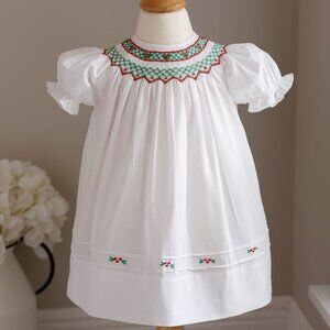 White Smocked Feltman Brothers Bishop Dress Red Green Embroidery NWT